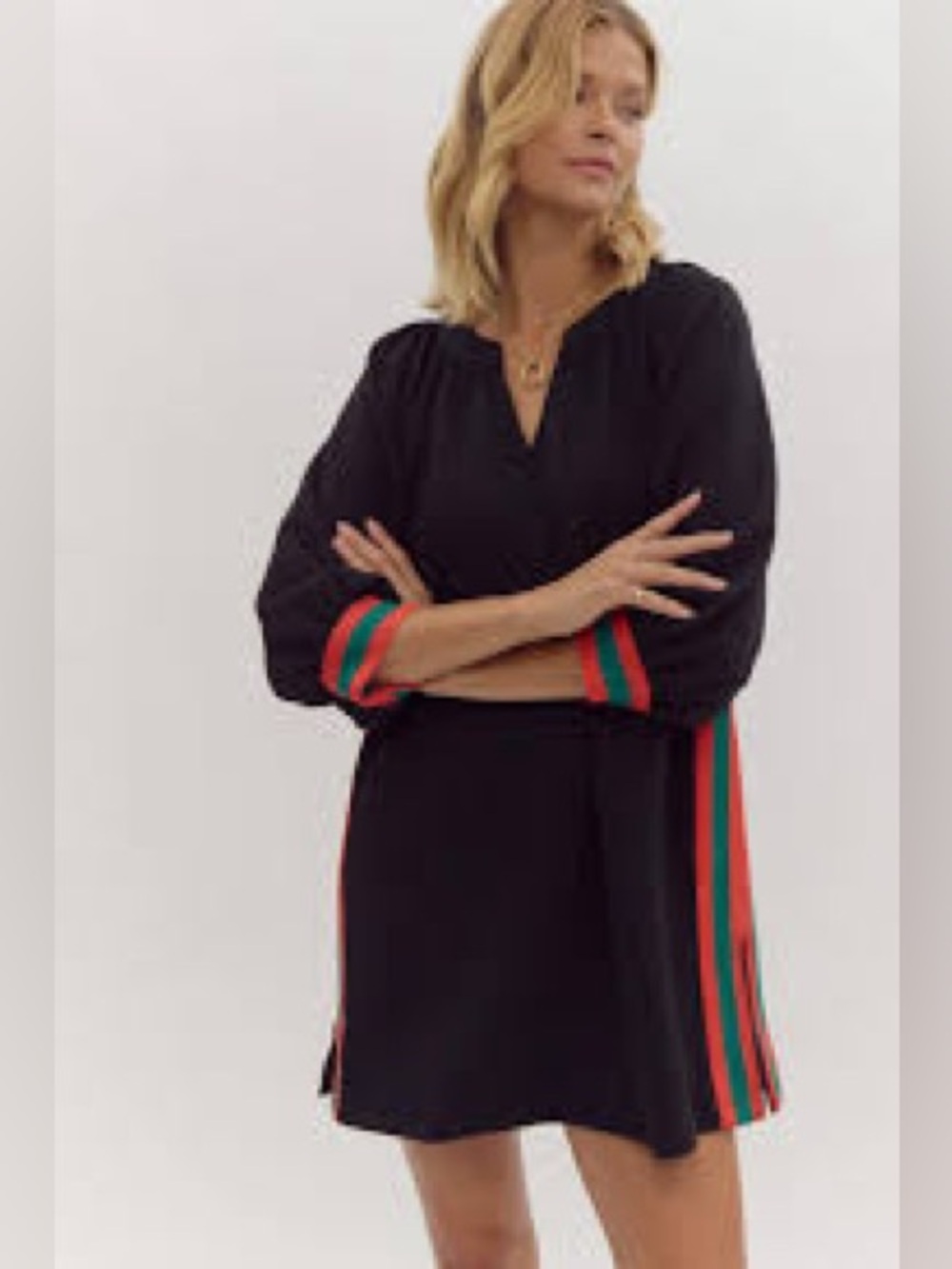 Entro Embossed Zip Side Stripe Puff Sleeve Dress Oversized Preppy Soft Girl Boho